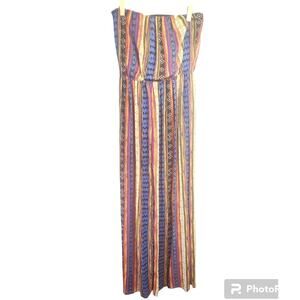 Vintage 70s 80s strapless striped boho Chiffon maxi dress Large lined USA Aggie